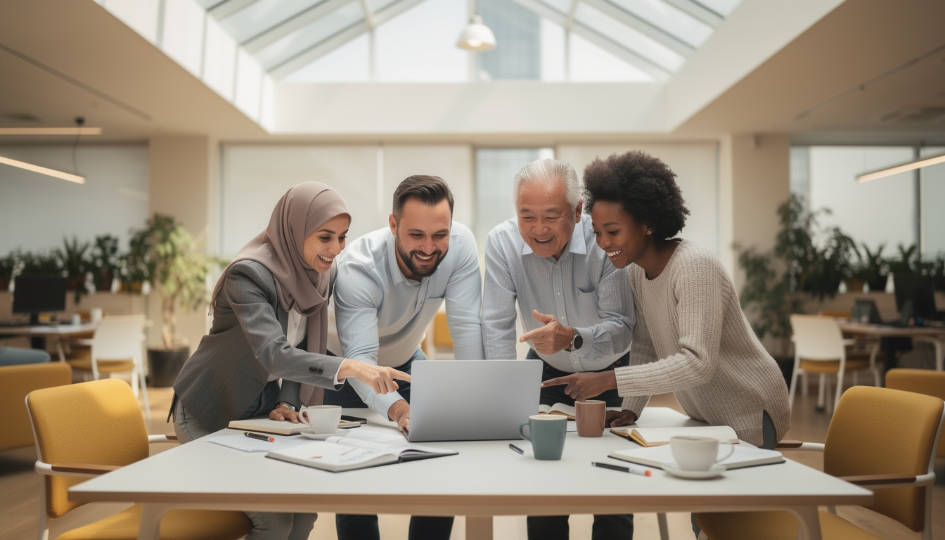 Equipo diverso colaborando en proyecto de innovación